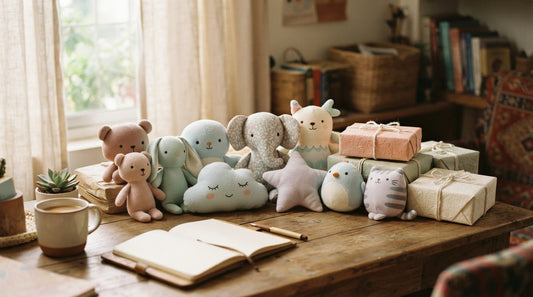 Soft plush toys in various colors displayed on an office desk in Dhaka, ready as gifts for coworkers