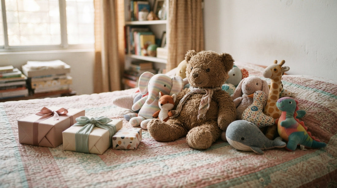 Soft teddy bear with colorful plushies and wrapped gifts on a bed, showing trending plush toys in Bangladesh