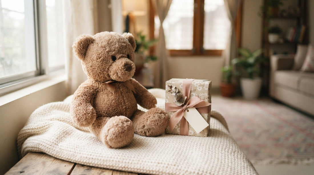 Soft brown teddy bear on a cream blanket, illustrating premium plush toy shopping in Bangladesh