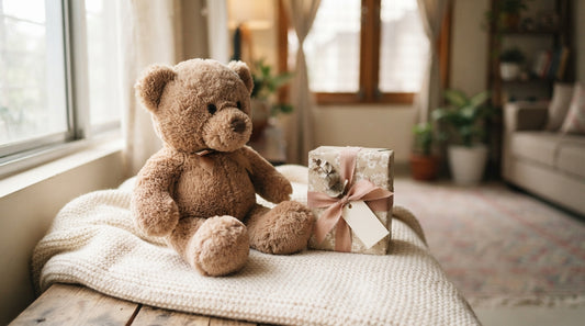 Soft brown teddy bear on a cream blanket, illustrating premium plush toy shopping in Bangladesh