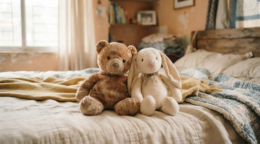 Soft toys on a children’s bed in Dhaka, showing a teddy bear and bunny plushie