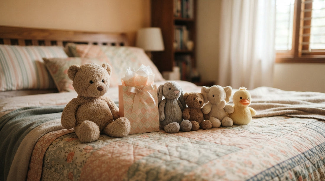 Thoughtfully arranged plush toy gifts on a cosy bed for personalised gifting in Dhaka, Bangladesh