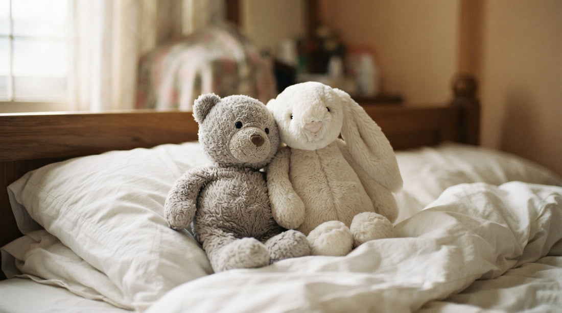 Soft grey teddy bear and cream rabbit plushie on a hospital bed - comfort gifts for recovery, shop online in Dhaka