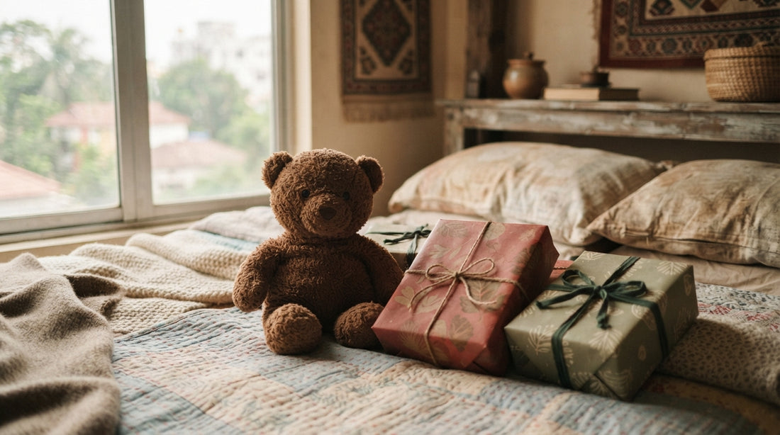 Soft teddy bear beside red and green gift wrapping for winter gifting in Bangladesh