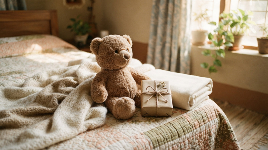 Soft toy teddy bear photographed at home in Dhaka, Bangladesh, beside a wrapped gift