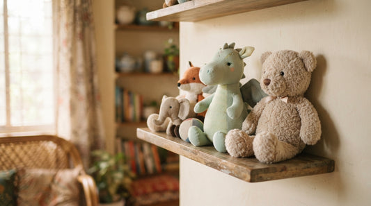 Ultra-soft plush toy gifts for brothers in Dhaka, including dragons and teddy bears on a shelf