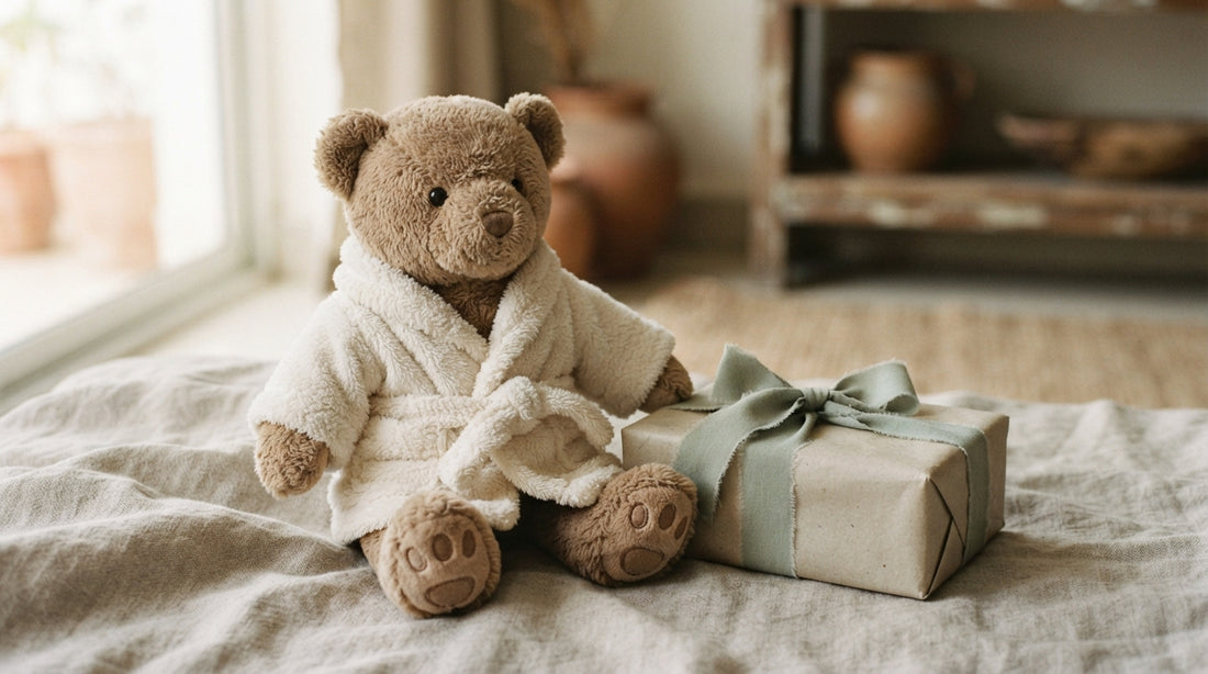 A quality-checked soft plush teddy bear wearing a tiny bathrobe outfit, a popular dressed plushie gift available in Bangladesh at Leona BD.
