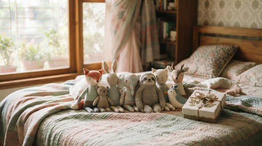 Colourful character plush toys on a cosy bed in a Dhaka, Bangladesh home