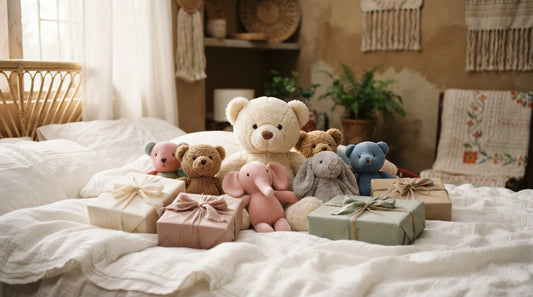 A collection of ultra-soft teddy bears and plush toys displayed with wrapped presents on a bed in Dhaka, Bangladesh