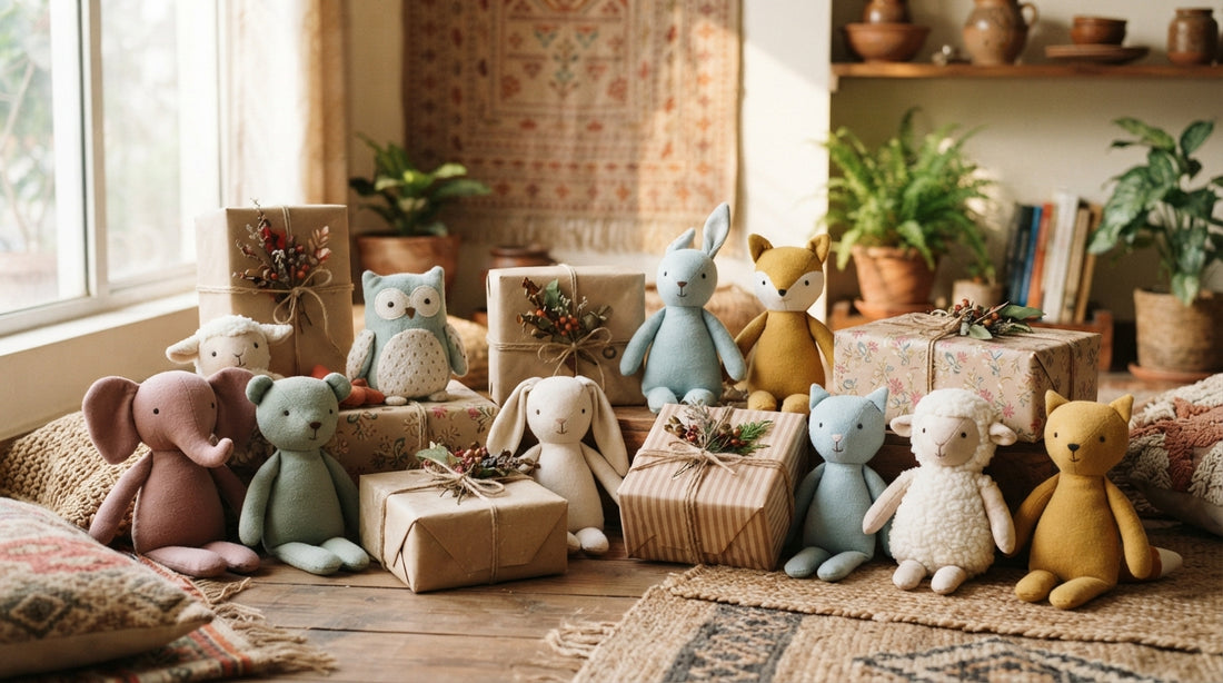 Assorted soft plush toys in various colours with wrapped gifts and decorative boxes, representing popular gift choices in Bangladesh