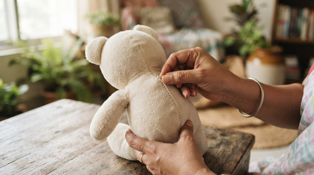 Inspecting plush toy stitching and quality before buying
