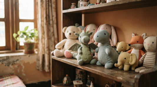 Colorful plush toys for boys, including a dragon and stuffed animals, displayed on a shelf in Dhaka