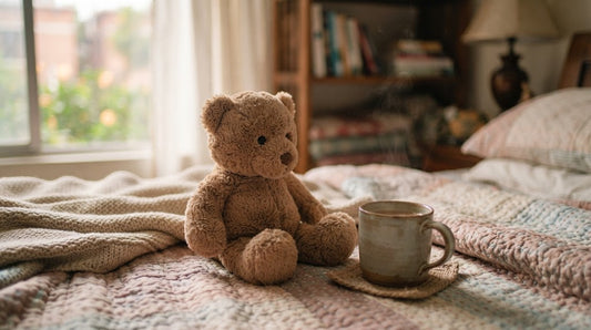 Soft plush teddy bear nestled on quilted bedding beside a warm cup, showing winter coziness in a Dhaka home