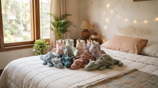 Colorful plush dragons and unicorns displayed together on bedding, premium Dhaka plush toys from Leona BD.