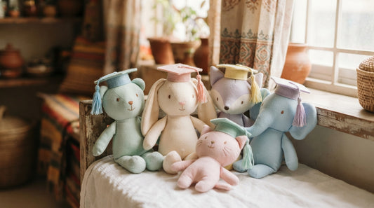 A collection of soft plush toys in pastel colors with graduation caps, perfect for celebration gifts in Dhaka.