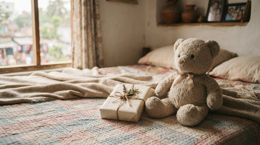 Soft teddy bear apology gift on a bed in Dhaka, Bangladesh