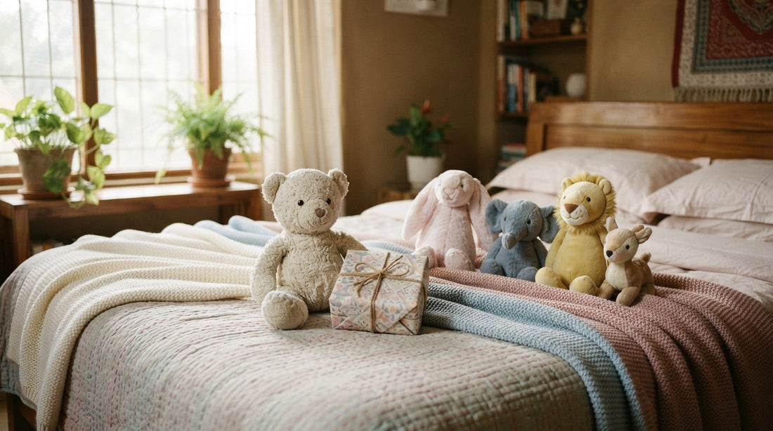 Soft toy gifts arranged on a bed in Dhaka, Bangladesh