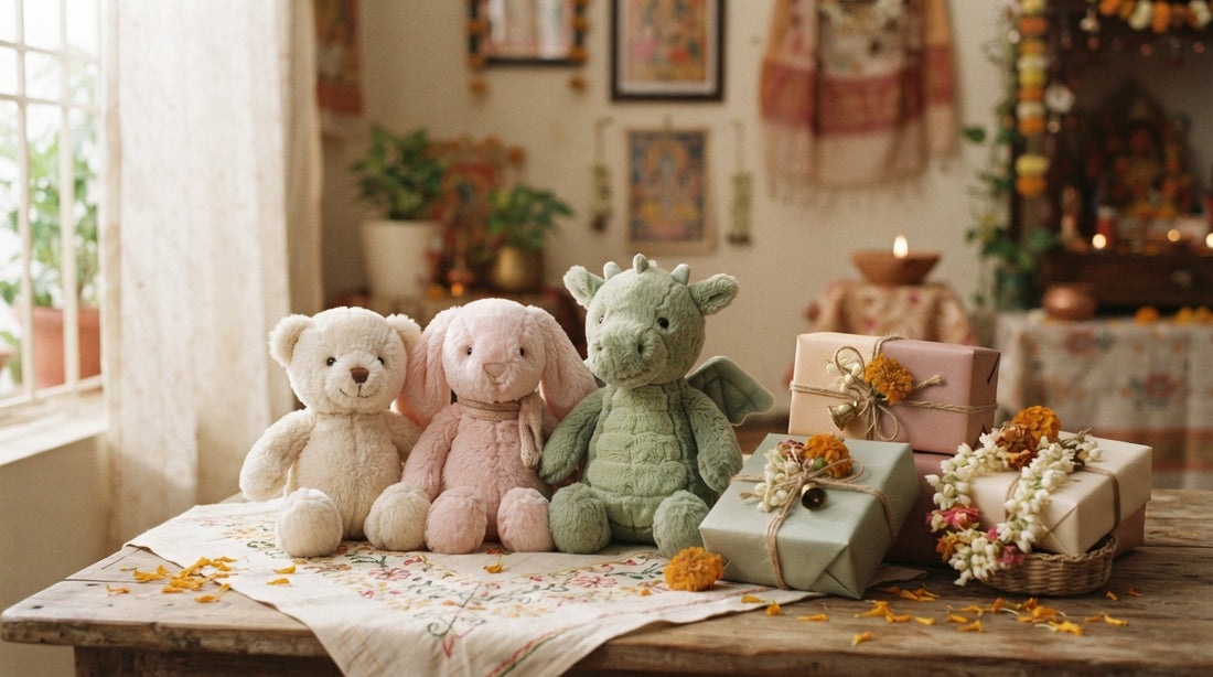 Soft plush toys beside festive gifts in Dhaka, Bangladesh