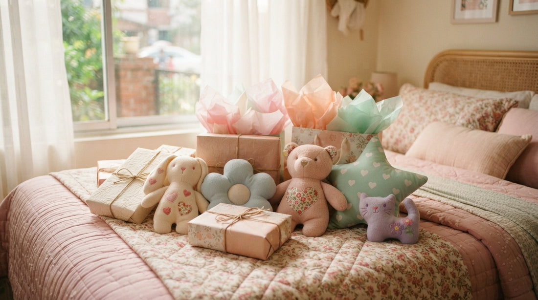 Collection of soft pastel plushies and wrapped gift boxes arranged on a pink bed in Dhaka, Bangladesh