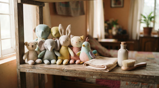 Various plush toys arranged on shelf with soft cleaning cloth and supplies, showing toy maintenance practice in Dhaka.