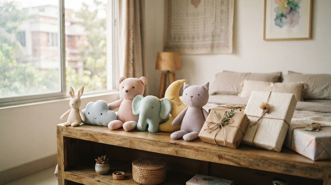 Soft pastel plush toys arranged on a bedroom shelf with gifts below, for Dhaka housewarming