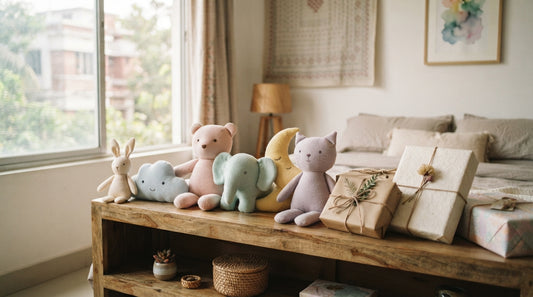 Soft pastel plush toys arranged on a bedroom shelf with gifts below, for Dhaka housewarming