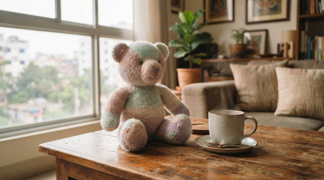 Soft pastel teddy bear on a coffee table in a cozy Dhaka home, highlighting the plushie's huggable texture