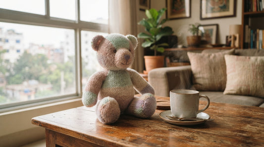 Soft pastel teddy bear on a coffee table in a cozy Dhaka home, highlighting the plushie's huggable texture
