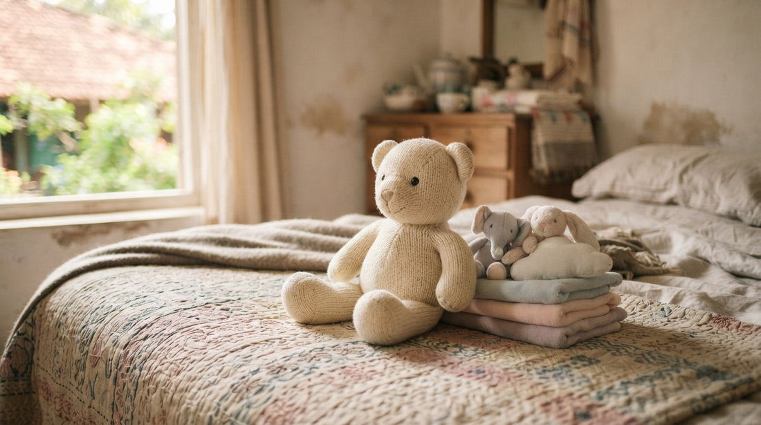 Soft teddy bear and plush toys on a bed in Dhaka, Bangladesh