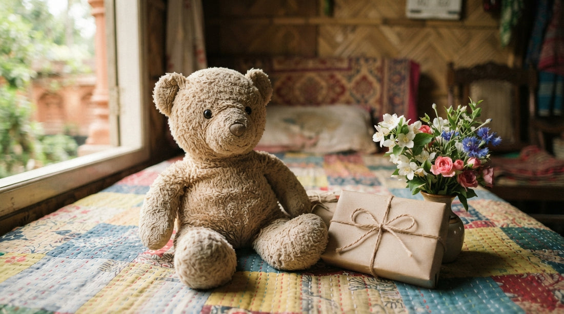Soft teddy bear on quilted bed beside wrapped gift—thoughtful plush toy gift for mothers in Dhaka