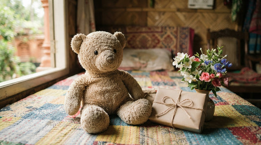 Soft teddy bear on quilted bed beside wrapped gift—thoughtful plush toy gift for mothers in Dhaka