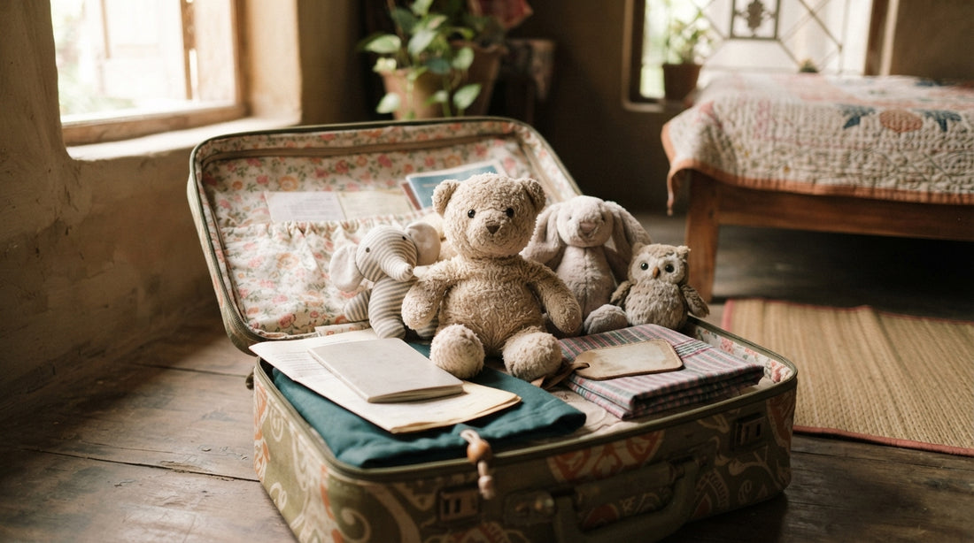 Plush toys and a teddy bear packed in a suitcase for someone moving abroad from Dhaka