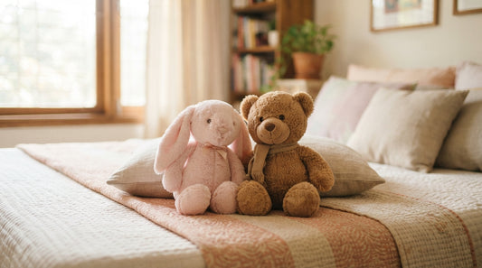 Soft toy plushies on a bed in a Bangladesh home