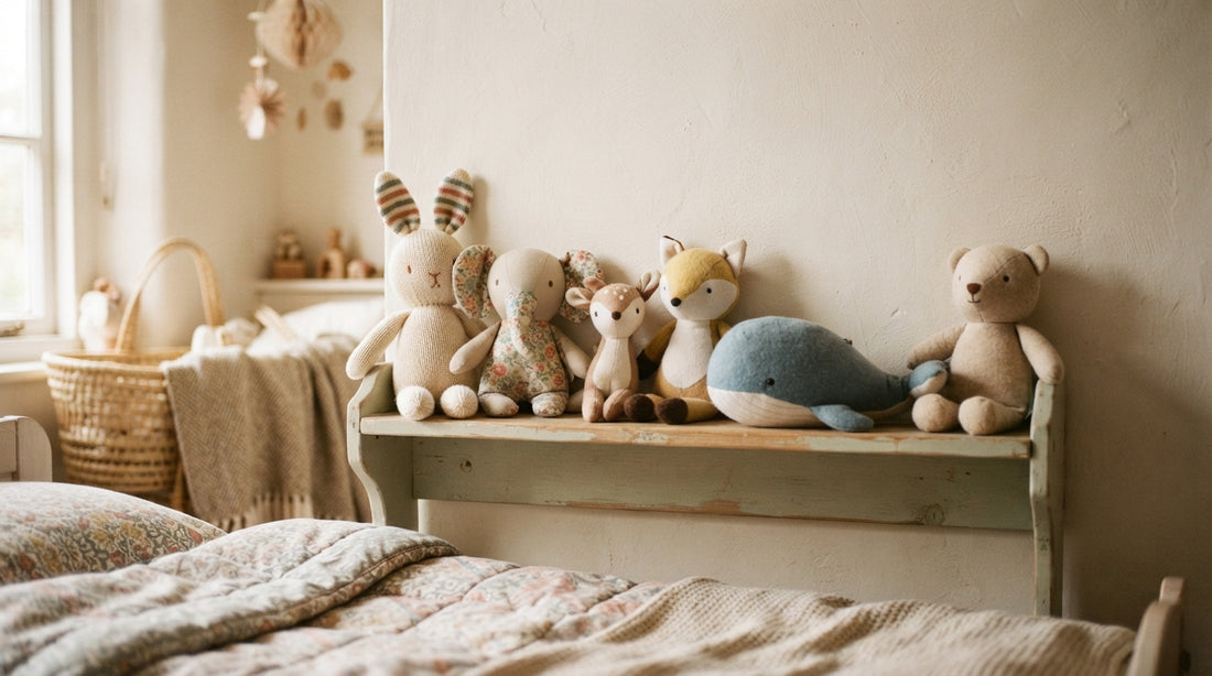 Colorful soft plush toys neatly arranged on a bedroom shelf in a Dhaka home nursery