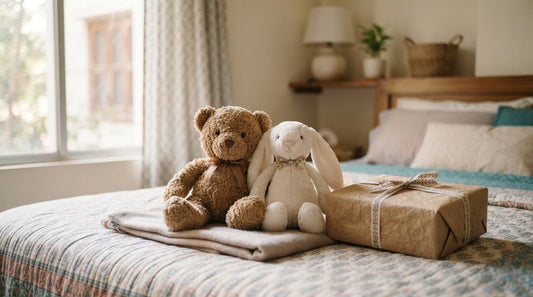 Bear and bunny plush toys on a bed in Dhaka, Bangladesh