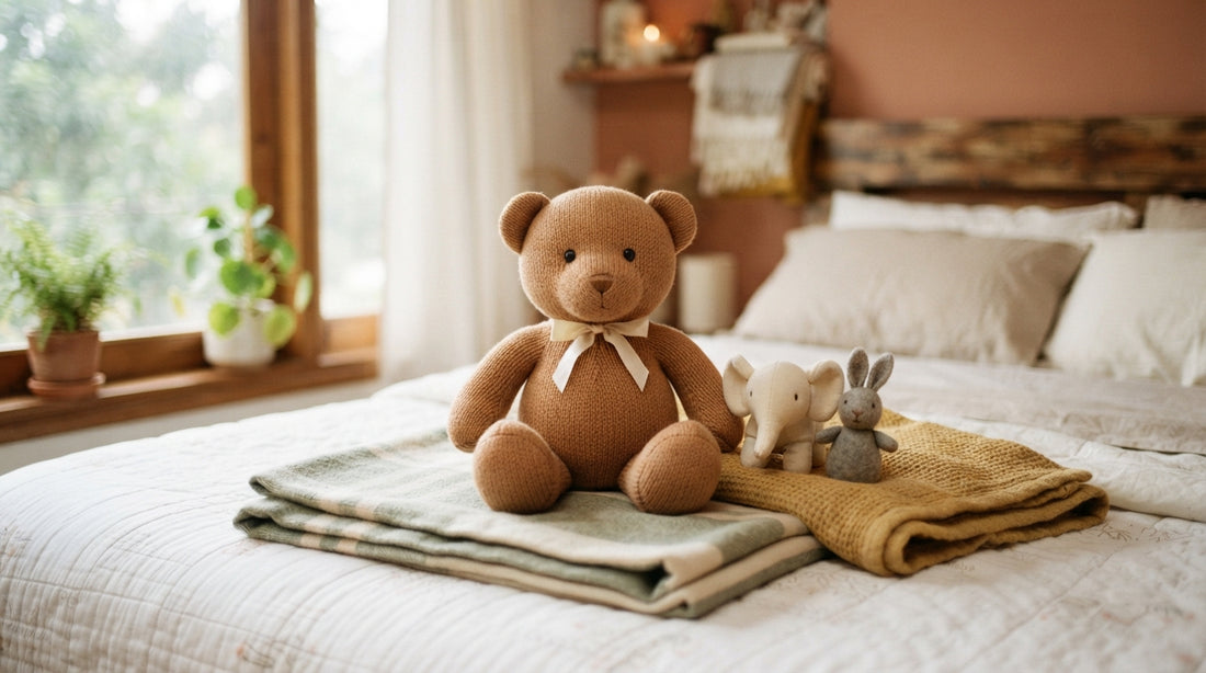 Soft plush toys arranged on a cosy bed in a Dhaka or Bangladesh home