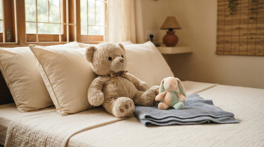 Soft teddy bear and pastel plush toy on a cosy bed in a Dhaka home in Bangladesh