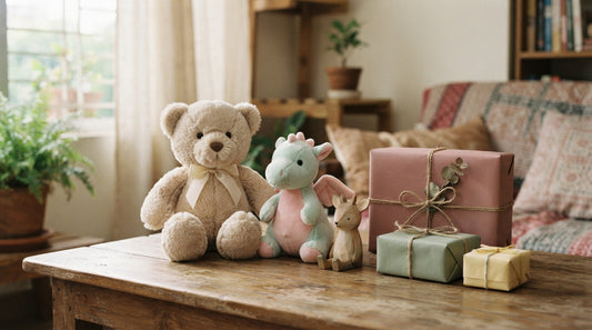 Soft plush toys arranged for a Secret Santa gift exchange in Dhaka, Bangladesh
