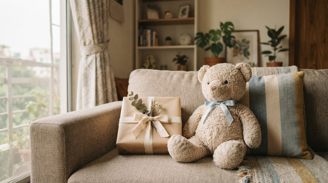 Soft teddy bear beside a gift in a Dhaka home, showing a cosy plush toy scene in Bangladesh