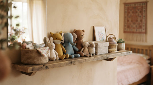 Soft plush toys displayed on a shelf, showing proper organization methods used by Dhaka collectors and toy enthusiasts