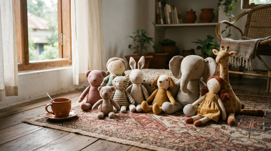 Soft plush toys of various sizes displayed on a rug in a Dhaka home, showcasing comfort and variety