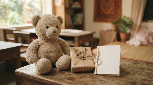 Soft teddy bear teacher gift on a classroom desk in Dhaka, Bangladesh