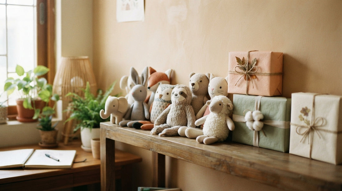 A collection of soft plush toys on a shelf with gift boxes, perfect for farewell presents in Dhaka